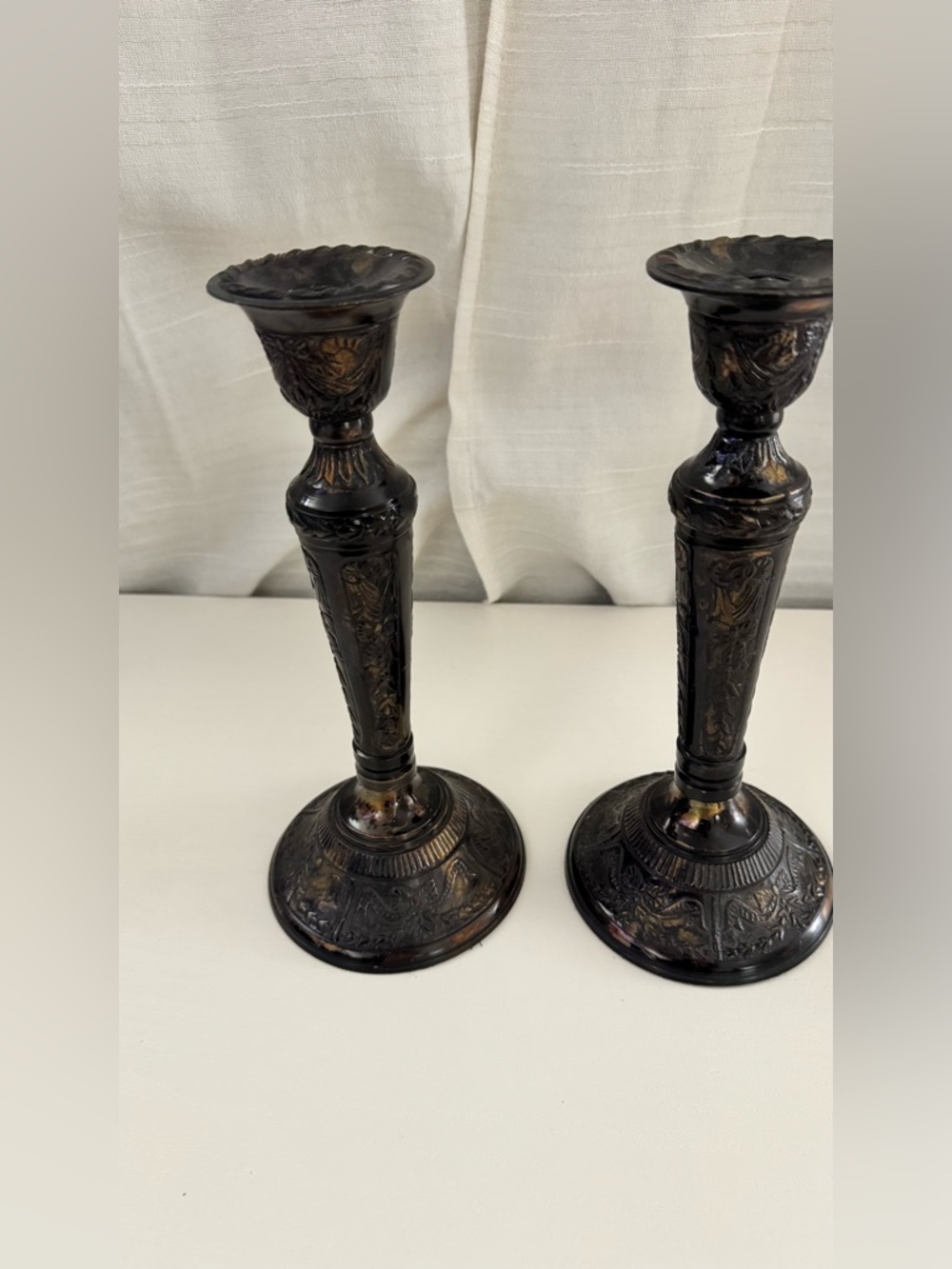 Antique-Style Embossed Metal Candlestick Pair in Dark Bronze